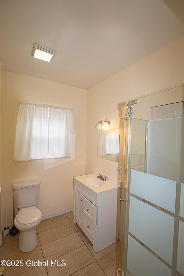 27 Kingsboro Ave, Gloversville, NY 12078 - full bathroom with toilet, tile patterned floors, visible vents, a shower stall, and vanity