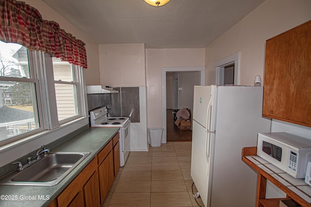 27 Kingsboro Ave, Gloversville, NY 12078 - kitchen featuring a sink, brown cabinetry, white appliances, under cabinet range hood, and light tile patterned floors