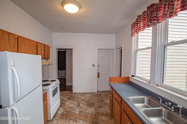 27 Kingsboro Ave, Gloversville, NY 12078 - kitchen with plenty of natural light, brown cabinets, a sink, and white appliances