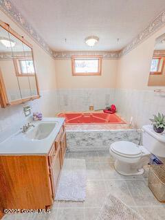 bathroom with vanity, toilet, a garden tub, and a wainscoted wall