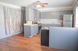 kitchen with a ceiling fan, gray cabinetry, light wood-style floors, light countertops, and appliances with stainless steel finishes