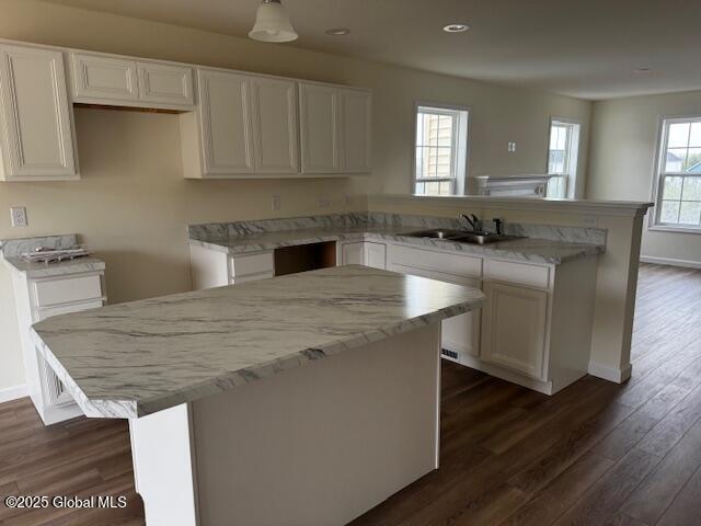 kitchen featuring a peninsula, white cabinetry, dark wood-type flooring, and a sink