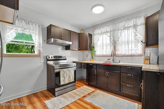 1576 State St, Schenectady, NY 12304 - kitchen with stainless steel range with electric cooktop, under cabinet range hood, light countertops, dark brown cabinetry, and decorative backsplash