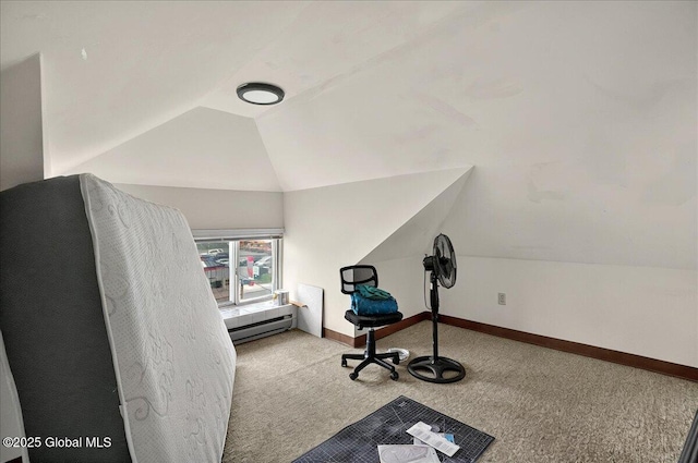 1576 State St, Schenectady, NY 12304 - unfurnished office with lofted ceiling, carpet, baseboards, and a baseboard radiator