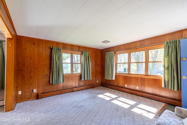 188 Fort Edward Rd, Moreau, NY 12828 - carpeted empty room featuring baseboard heating, wooden walls, and baseboards