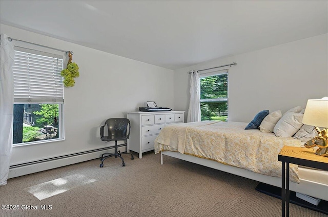 carpeted bedroom with baseboard heating