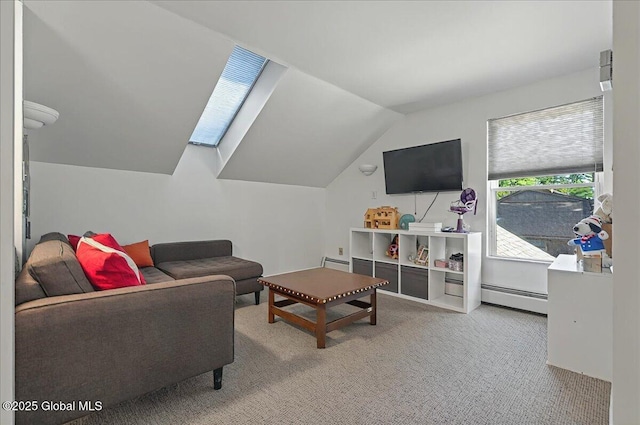 carpeted living room with a baseboard radiator and lofted ceiling