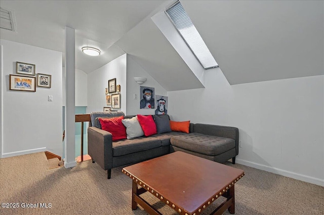 living room with light carpet, vaulted ceiling, and baseboards