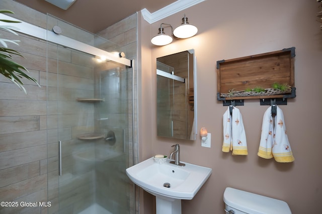 full bath featuring a stall shower, toilet, a sink, and crown molding