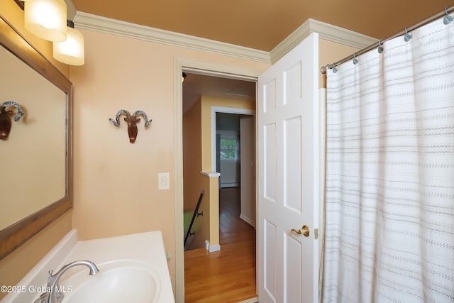 bathroom featuring a sink, wood finished floors, and a shower with shower curtain