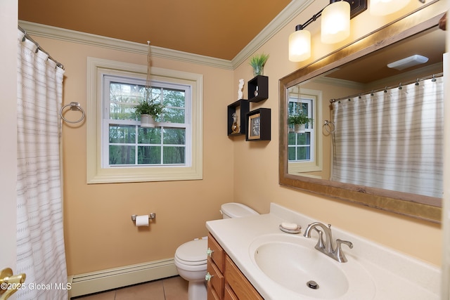 full bathroom with baseboard heating, crown molding, toilet, vanity, and tile patterned flooring