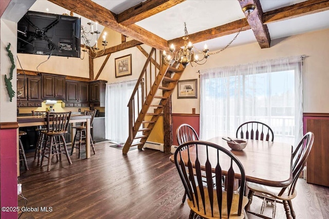11 Cotton Ct, Bolton, NY 12824 - dining room featuring a chandelier, dark wood-type flooring, stairway, beam ceiling, and a wainscoted wall