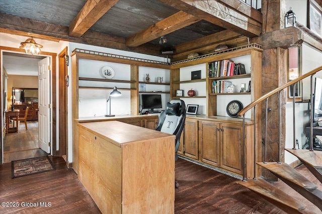 11 Cotton Ct, Bolton, NY 12824 - office with dark wood-style floors, wooden ceiling, beam ceiling, and built in desk