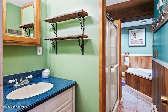 11 Cotton Ct, Bolton, NY 12824 - bathroom featuring a shower stall, vanity, tile patterned floors, and a tub