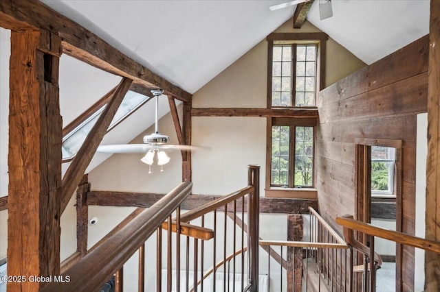 11 Cotton Ct, Bolton, NY 12824 - staircase with ceiling fan, healthy amount of natural light, beam ceiling, and high vaulted ceiling
