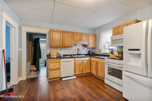1108 Cutler St, Schenectady, NY 12303 - kitchen with a sink, white appliances, dark wood-style floors, a paneled ceiling, and dark countertops