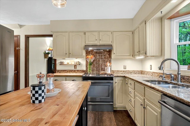 kitchen with a sink, wood counters, stainless steel appliances, dark wood-style flooring, and under cabinet range hood