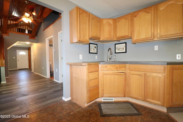 kitchen featuring a sink, a ceiling fan, vaulted ceiling, baseboards, and dark wood finished floors