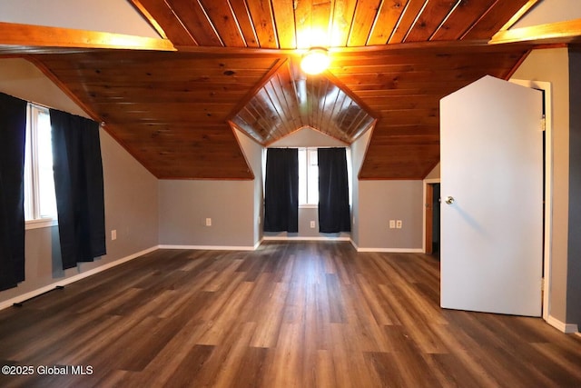 bonus room with wooden ceiling, baseboards, wood finished floors, and lofted ceiling