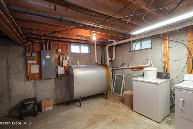 basement with heating fuel, electric panel, and separate washer and dryer