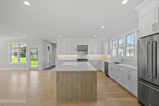 kitchen with appliances with stainless steel finishes, a sink, a center island, under cabinet range hood, and recessed lighting
