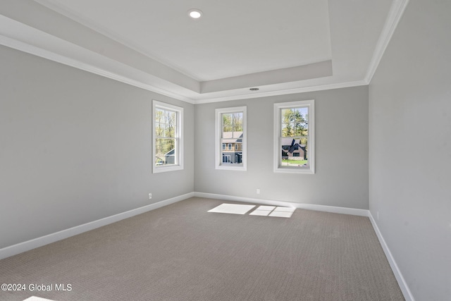 carpeted spare room featuring a tray ceiling, baseboards, recessed lighting, and ornamental molding
