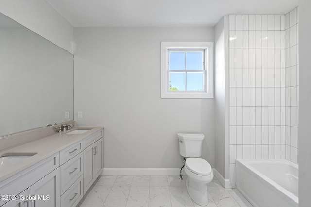 bathroom with marble look tiles, toilet, baseboards, and double vanity