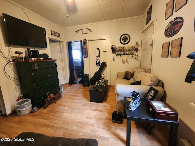 living room featuring crown molding and light wood-style floors