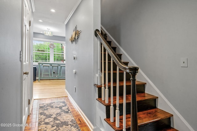 228 Maura Ln, Glenville, NY 12302 - stairway with wood finished floors, baseboards, recessed lighting, and ornamental molding