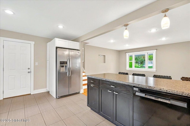 kitchen with stainless steel fridge, black dishwasher, pendant lighting, white cabinets, and light countertops