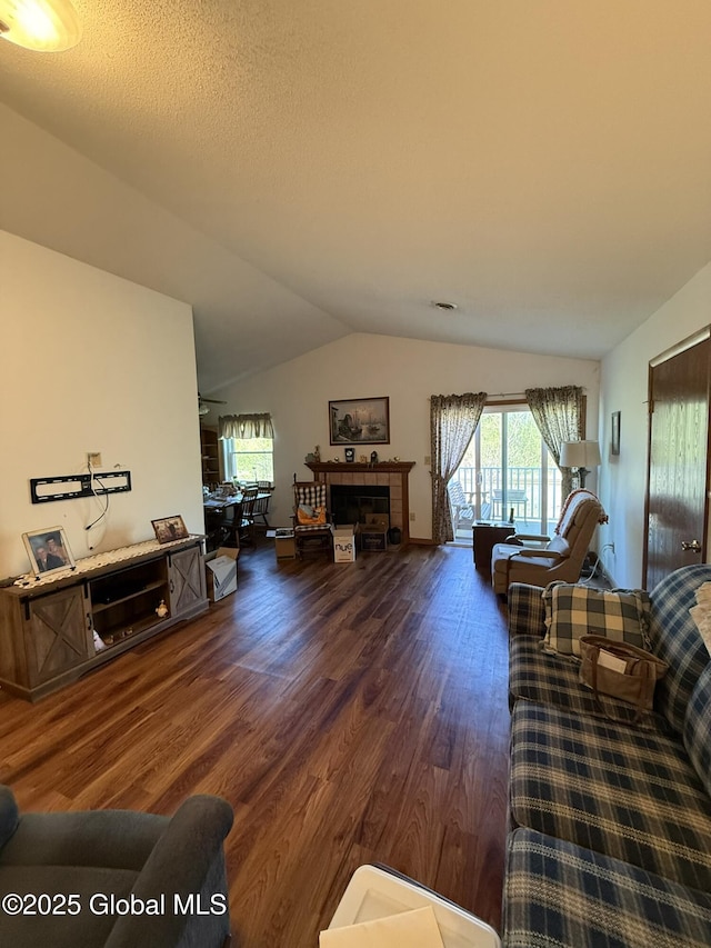 living room with wood finished floors, vaulted ceiling, and a fireplace