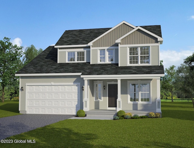 view of front of property featuring driveway, board and batten siding, an attached garage, covered porch, and a front yard
