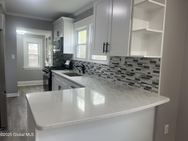 kitchen with range with gas stovetop, a sink, stainless steel microwave, crown molding, and light stone countertops
