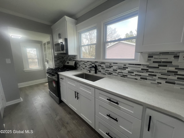 kitchen featuring appliances with stainless steel finishes, a sink, ornamental molding, baseboards, and tasteful backsplash