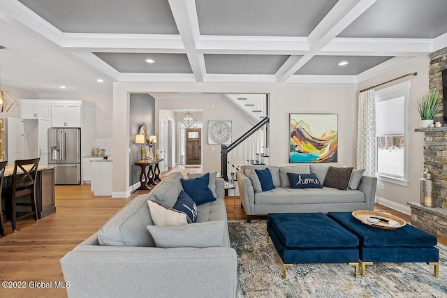 11 Forest Hills Blvd, North Greenbush, NY 12144 - living area with stairway, coffered ceiling, baseboards, crown molding, and recessed lighting