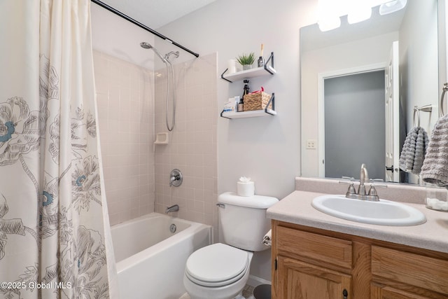 bathroom featuring vanity, toilet, and shower / bath combination with curtain
