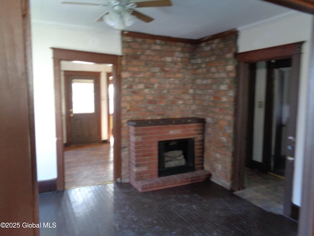 31 Fort Johnson Ave, Fort Johnson, NY 12070 - unfurnished living room with hardwood / wood-style floors, a ceiling fan, ornamental molding, and a fireplace