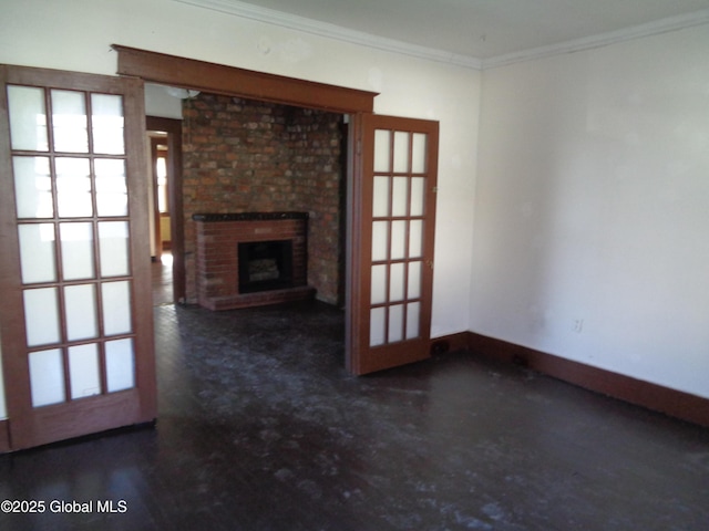 31 Fort Johnson Ave, Fort Johnson, NY 12070 - unfurnished living room with baseboards, french doors, a fireplace, and crown molding