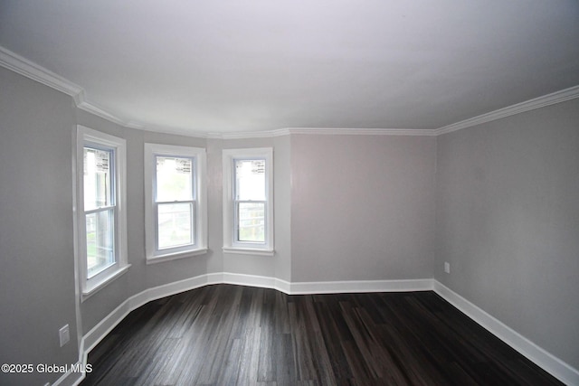 spare room featuring ornamental molding, baseboards, and dark wood-type flooring