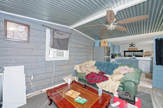 17-19 Smith Ct, North Greenbush, NY 12198 - living room with cooling unit, wooden walls, vaulted ceiling, and a ceiling fan