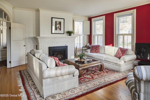 living room featuring a wealth of natural light, hardwood / wood-style floors, a fireplace, and crown molding