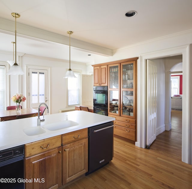 kitchen with dishwashing machine, a sink, pendant lighting, dobule oven black, and light countertops