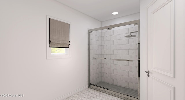 full bathroom featuring a shower stall, baseboards, and recessed lighting
