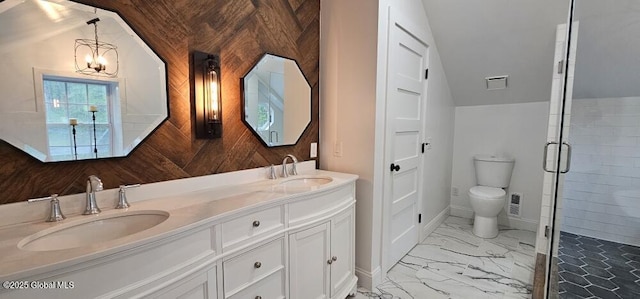 bathroom with vaulted ceiling, marble look tiles, toilet, wooden walls, and a stall shower