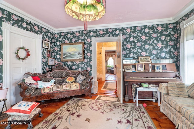12098 Duanesburg Rd, Duanesburg, NY 12053 - living room featuring wallpapered walls, hardwood / wood-style flooring, and crown molding