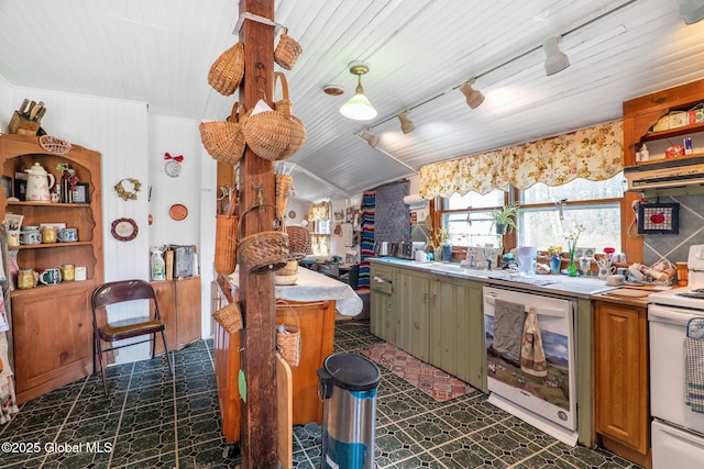 12098 Duanesburg Rd, Duanesburg, NY 12053 - kitchen featuring white appliances, light countertops, rail lighting, a sink, and under cabinet range hood