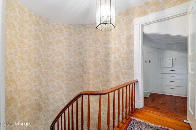 12098 Duanesburg Rd, Duanesburg, NY 12053 - stairway featuring wallpapered walls and hardwood / wood-style floors