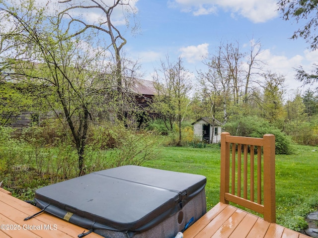 12098 Duanesburg Rd, Duanesburg, NY 12053 - wooden terrace featuring a hot tub, a yard, and an outbuilding