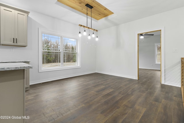 734 Groveside Rd, Pittstown, NY 12028 - unfurnished dining area featuring dark wood-type flooring, baseboards, ceiling fan, and a raised ceiling