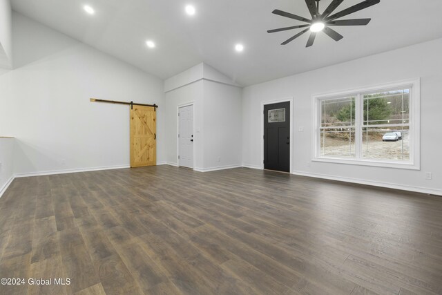 734 Groveside Rd, Pittstown, NY 12028 - unfurnished living room with ceiling fan, a barn door, dark wood-style flooring, recessed lighting, and baseboards